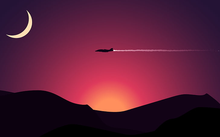 ilustracja czarnego samolotu, samolot nad górami z zachodem słońca pod półksiężycem, samolot, minimalizm, góry, Księżyc, krajobraz, myśliwiec odrzutowy, grafika, sztuka cyfrowa, smugi kondensacyjne, 350r (Star Citizen), Tapety HD