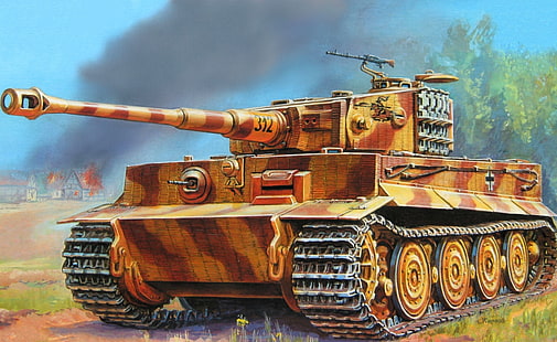 коричневый боевой танк обои, тигр, рисунок, второй мир, немцы, вермахт, тяжелый танк, PzKpfw VI, 505 тяжелый танковый батальон, Жирнов, HD обои HD wallpaper