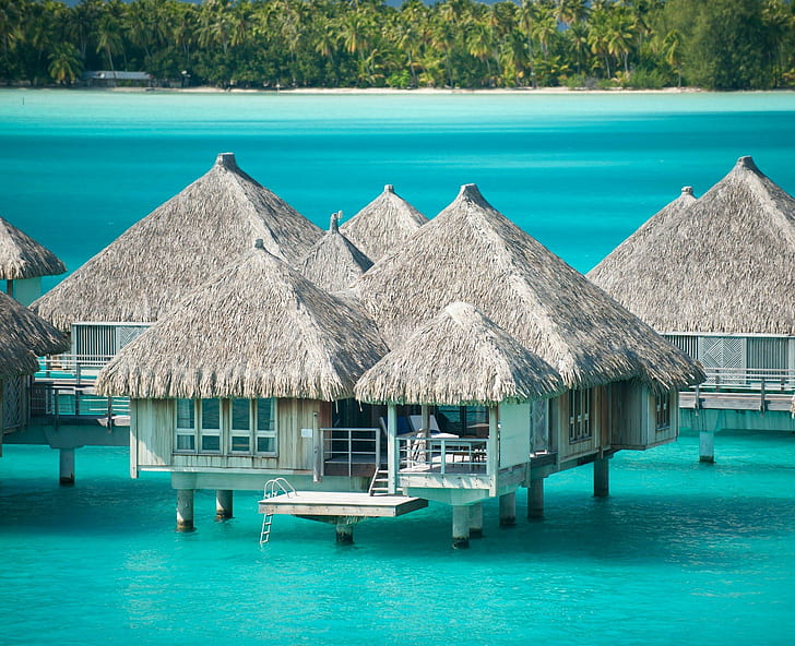 Water Bungalow Bora Bora St Regis, brown and white nipa hut, island, atoll, hotel, lagoon, coral, st regis, reef, water bungalow, beach, tahiti, sand, ocean, HD wallpaper