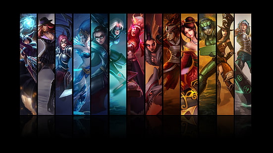 assorted character illustration, collage, League of Legends, Ahri, Miss Fortune, Irelia, Janna (League of Legends), Vayne (League of Legends), Sivir, Morgana (League of Legends), Shyvana, Akali, Sona (League of Legends), Lux (League of Legends), Caitlyn, Riven, video games, HD wallpaper HD wallpaper