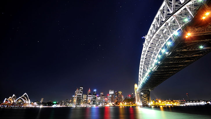 небо, Сиднейский оперный театр, огни города, тьма, звезды, ночное небо, мост, Австралия, Сидней, центр города, свет, небоскреб, городской пейзаж, горизонт, мост Сиднея Харбор, ориентир, мегаполис, водное пространство, город, вода, отражение,ночь, столичная зона, HD обои