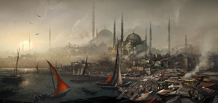 siyah beyaz yelkenli tekne boyama, resim çizme, İstanbul, Ayasofya, Assassin's Creed, Assassin's Creed: Vahiy, HD masaüstü duvar kağıdı