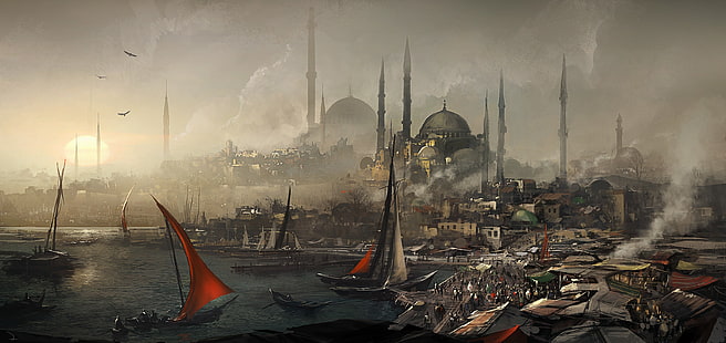 رسم قارب شراعي أبيض وأسود ، رسم ، اسطنبول ، آيا صوفيا ، Assassin's Creed ، Assassin's Creed: Revelations، خلفية HD HD wallpaper