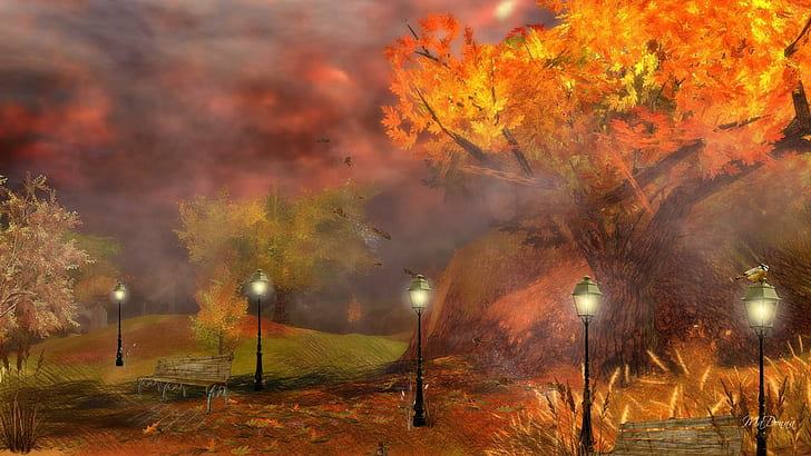 Foggy Autumn Evening, firefox persona, foggy, mist, ground, fall, leaves, fallen, lamp lights, banches, autumn, 3d and a, Fondo de pantalla HD