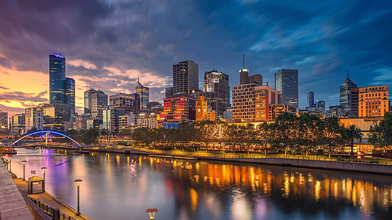 городской пейзаж, мельбурн, река, горизонт, отражение, городской район, виктория, центр города, сумерки, вечер, австралия, HD обои HD wallpaper