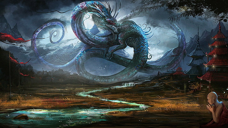 Ilustración de dragón gris, fantasía, dragón, monje, oriental, templo, Fondo de pantalla HD