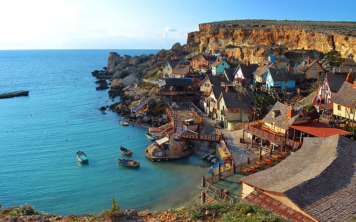 boats, buildings, cities, cliff, coast, houses, landscapes, malta, mellieha, ocean, sea, shore, HD wallpaper