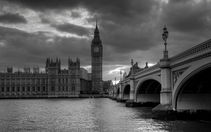 Londres, pont, Big ben, noir blanc, gratte-ciels, Fond d'écran HD