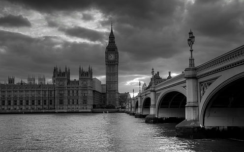 London, Bridge, Big ben, Black white, Grattacieli, Sfondo HD HD wallpaper