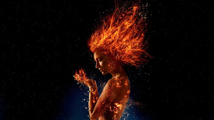 Люди Икс: Темный Феникс (2018), постер, фрумусете, фильм, оранжевый, черный, комиксы, женщина, Софи Тернер, люди Икс, огонь, фэнтези, девушка, темный Феникс, актриса, рука, HD обои