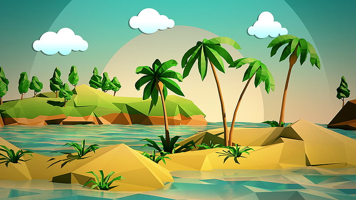 Кокосовые пальмы и островки цифровые обои, минимализм, природа, низкополигональная, цифровое искусство, HD обои