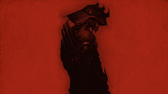 samurai, obra de arte, rojo, guerrero, arte de fantasía, fondo rojo, Fondo de pantalla HD HD wallpaper