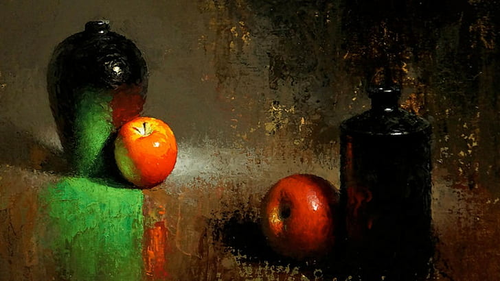 peinture, art classique, peinture à l'huile, pots, pommes, marron, artwork, Fond d'écran HD