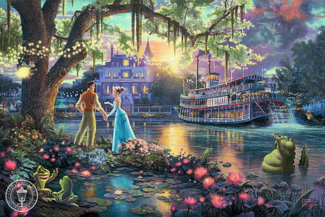 Cinderella and Prince Charmig tapet, träd, blommor, flod, eldflugor, berättelse, kvällen, krokodil, konst, ångbåt, fantasi, solsken, solnedgång, kväll, Thomas Kinkade, eldfluga, näckrosor, Disney, saga, 50-årsjubileum, Disney-drömkollektionen, häxa, voodoo, prinsessan och grodan, HD tapet HD wallpaper