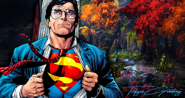 DC Comics, Superman, artwork, digital art, forest, landscape, Clark Kent, glasses, plants, HD wallpaper