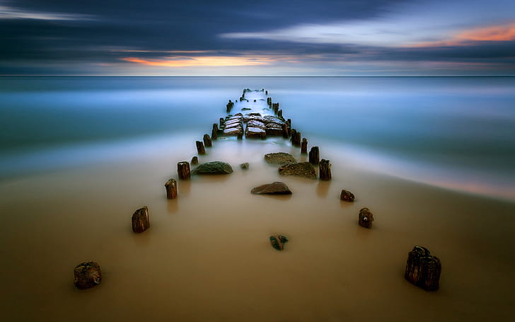 piedras, camino, columnas, costa, mar, Fondo de pantalla HD