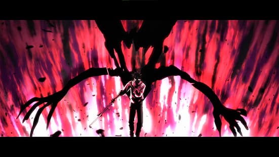 Jujutsu Kaisen, Yuta Okkotsu, pedang, katana, latar belakang merah, latar belakang merah muda, bayangan, anime, tangkapan layar Anime, anak laki-laki anime, Wallpaper HD HD wallpaper