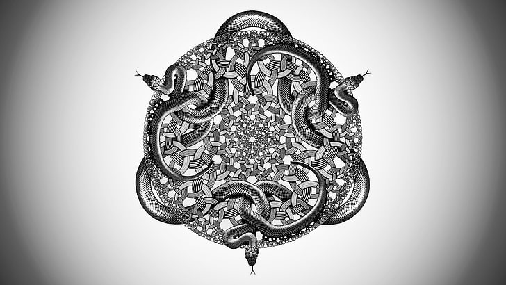 M. C. Escher, snake, abstract, artwork, monochrome, drawing, circle, symmetry, occult, HD wallpaper