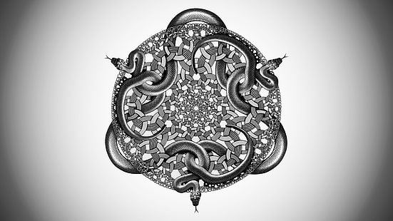 M. C. Escher, serpiente, abstracto, obra de arte, monocromo, dibujo, círculo, simetría, ocultismo, Fondo de pantalla HD HD wallpaper
