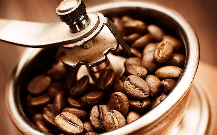 black coffee beans, coffee, grains, coffee grinder, close up, HD wallpaper