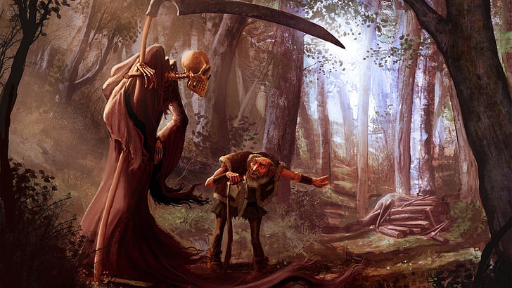 วอลล์เปเปอร์ดิจิทัล Death and dwarf, Reapers, Reaper, Death, Forest, Fantasy Art, Skull, Skeleton, Dead, Scythe, วอลล์เปเปอร์ HD