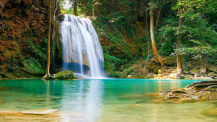 Природа водопад бассейн с бирюзово-зеленой водой скалы берега деревья Hd обои для рабочего стола скачать бесплатно, HD обои
