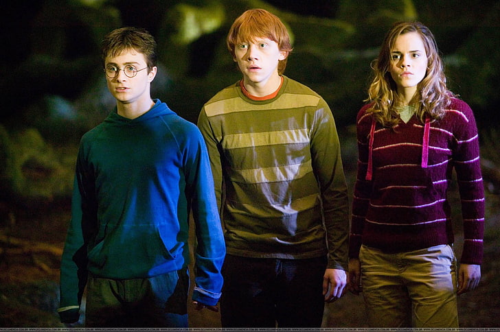 Harry Potter, surprise, Harry Potter, Emma Watson, Ron Weasley, Harry Potter and the Order of the Phoenix, Hermione Granger, Rupert Grint, in the woods, Trinity, Daniel Radcliffe, HD wallpaper