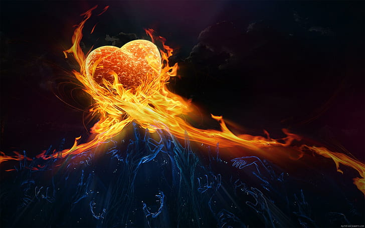 Heart on fire, heart shape fire illustration, heart, love, diverse, graphic, HD wallpaper
