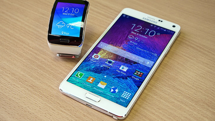 白いSamsung Galaxy AndroidスマートフォンとSamsung Gear S、Samsung、Samsung Gear S、SmartPad、時計、スマートフォン、Galaxy Note 4、 HDデスクトップの壁紙
