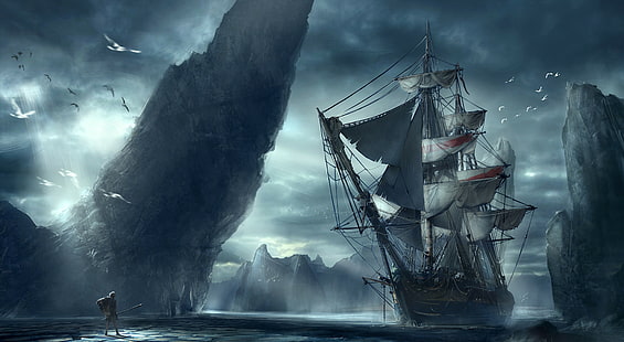 svartvitt målning av segelfartyg, segelfartyg, konstverk, HD tapet HD wallpaper