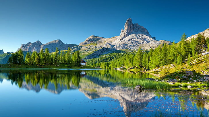 reflection, nature, wilderness, mountain, trentino alto adige, italy, water, ridge, lake, sky, tree, HD wallpaper