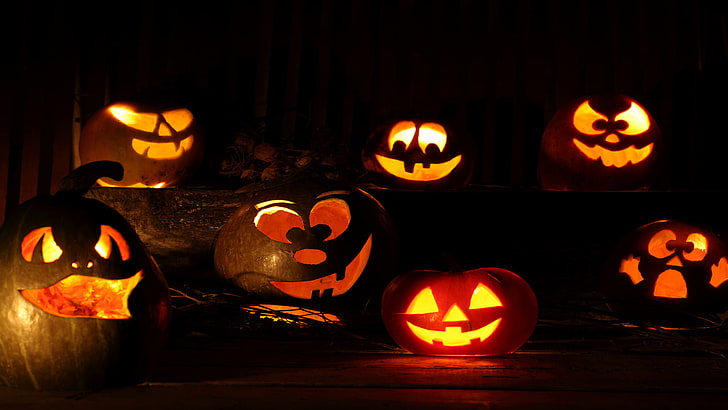 jack-o'-lantern, lamp, lantern, source of illumination, pumpkin, halloween, vegetable, october, orange, produce, jack o lantern, autumn, scary, holiday, night, black, food, dark, HD wallpaper