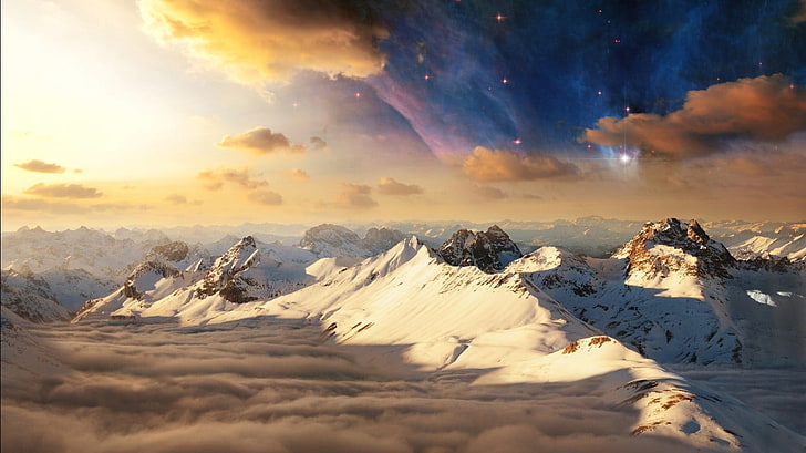 snow mountain, mountains, snow, stars, clouds, HD wallpaper