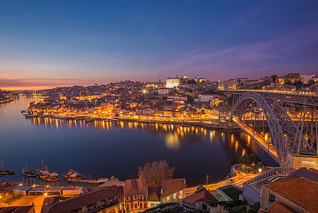 бял мост, мост, град, светлини, река, зора, Португалия, Порто, HD тапет HD wallpaper