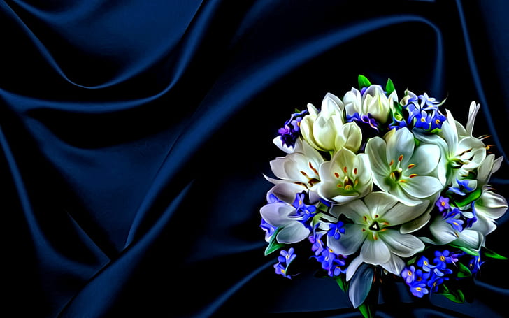 цветы, рендеринг, картина, синий фон, весенний букет, шелковая ткань, HD обои