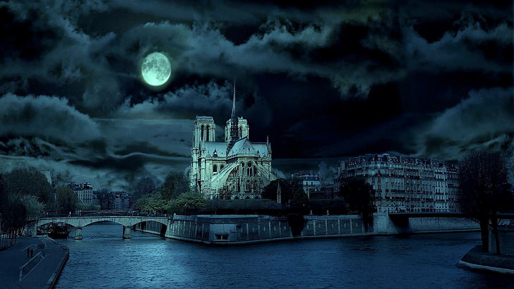 水、eu、フランス、パリ、大聖堂、ノートルダム大聖堂、ノートルダムドパリ、月、都市の景観、満月、空、川、雲、セーヌ川、建築、月光、暗闇、セーヌ川、夜、 HDデスクトップの壁紙