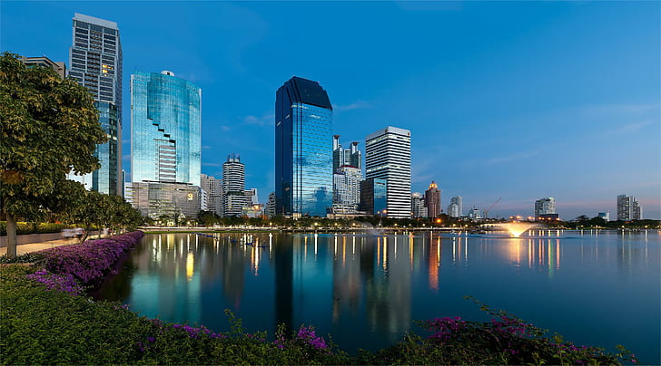 Bangkok, Thail, high rise buildings and lake, beautiful, bangkok, port city, capital, animals, HD wallpaper