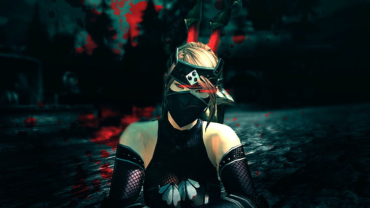 Frau im schwarzen ärmellosen Oberteil mit Rundhalsausschnitt und digitaler Tapete mit Maske und Waffe, Videospiele, Tera, HD-Hintergrundbild