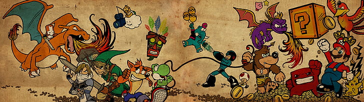 Banjo-Kazooie, Lakitu, Castle Crashers, Crash Bandicoot, Pokémon trainers, Super Mario, видео игри, Mega Man, Kirby, Sheik, Yoshi, Charizard, Toad (герой), Super Meat Boy, Pikachu, Spyro, Nintendo, The Legend of Зелда, Линк, HD тапет