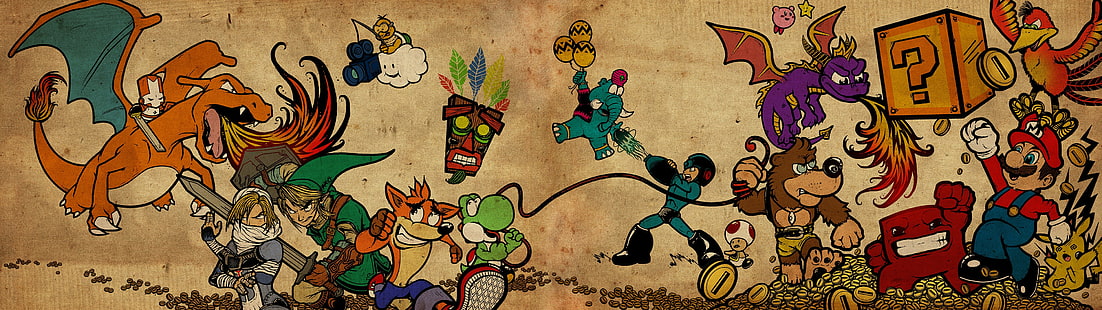 Banjo-Kazooie, Lakitu, Castle Crashers, Crash Bandicoot, Pokémon-Trainer, Super Mario, Videospiele, Mega Man, Kirby, Scheich, Yoshi, Charizard, Kröte (Charakter), Super Meat Boy, Pikachu, Spyro, Nintendo, The Legend ofZelda, Link, HD-Hintergrundbild HD wallpaper