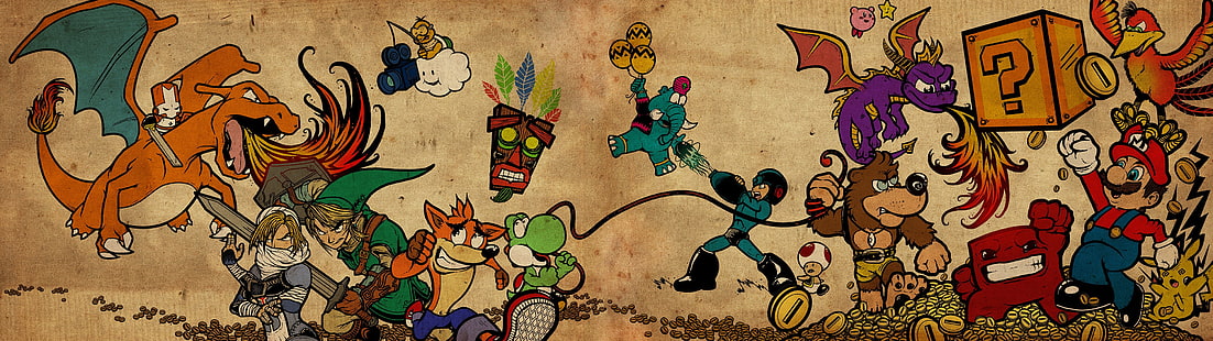 ภาพประกอบตัวละคร Nintendo, ภาพวาดโปเกมอน, เทรนเนอร์โปเกมอน, Mega Man, Nintendo, วิดีโอเกม, The Legend of Zelda, Link, Yoshi, Kirby, Spyro, Super Meat Boy, Banjo-Kazooie, Crash Bandicoot, Castle Crashers, คางคก (ตัวละคร), Pikachu, Lakitu, Sheik, Charizard, Super Mario, วอลล์เปเปอร์ HD HD wallpaper