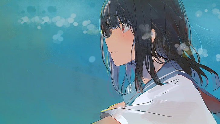 Anime, Manga, Anime Mädchen, einfachen Hintergrund, Minimalismus, Brünette, kurze Haare, Schulmädchen, Matrosenuniform, blau, HD-Hintergrundbild