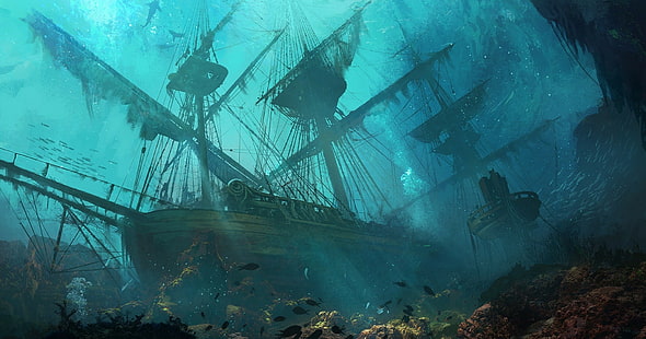 тонущий корабль корабль рисунок море фэнтези арт, HD обои HD wallpaper