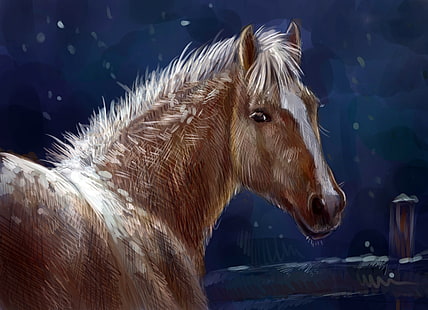 winter, nature, horse, oil, art, watercolor, pencil, painting, gouache, wallpaper., painting painting, night fence, HD wallpaper HD wallpaper