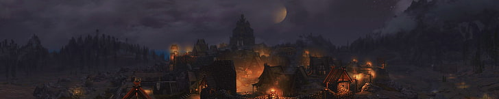 The Elder Scrolls V: Skyrim, панорамы, огни, замок, средневековье, The Elder Scrolls, Whiterun, город фантазий, город фантазий, HD обои