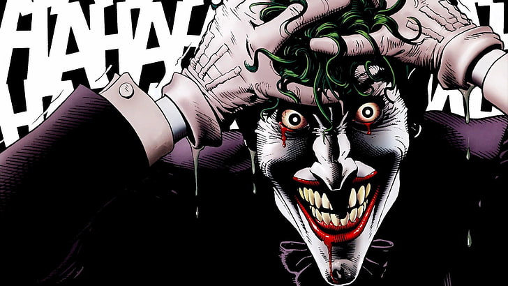 Jokerillustrationen, Joker, kostymer, handskar, grönt hår, tänder, fluga, Batman, HD tapet