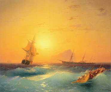 เรือสามลำในการวาดภาพทะเล, ทะเล, ภาพ, ภาพวาด, Aivazovsky, วอลล์เปเปอร์ HD HD wallpaper