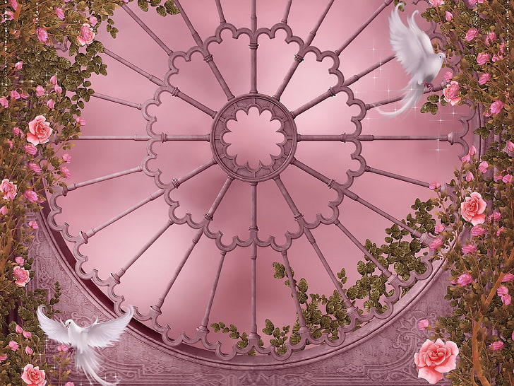 dos palomas blancas, flores, gótico, rosas, ventana, palomas, guirnalda, paloma, paloma, jardín de rosas, guirnaldas, estilo gótico, arquitectura gótica, Fondo de pantalla HD