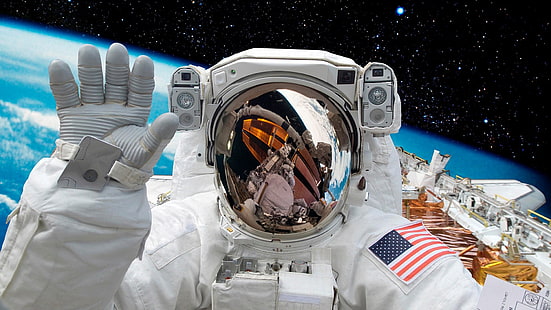 astronot, luar angkasa, bumi, NASA, stasiun ruang angkasa internasional, iss, helm, refleksi, Wallpaper HD HD wallpaper