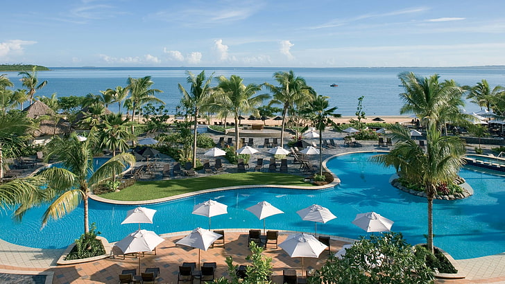 resort, swimming pool, fiji, resort town, leisure, denarau island, palm tree, nadi, caribbean, vacation, palm, tropics, tourism, lagoon, bay, palms, HD wallpaper